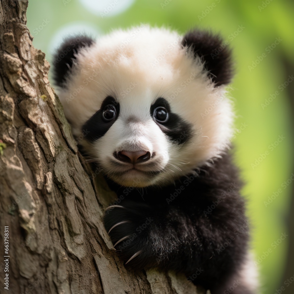 A panda cub peeking out from behind a tree trunk, looking curious