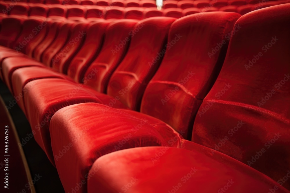 a curved row of red velvet movie theater seats