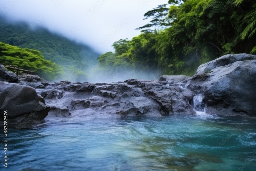 clear natural hot-spring with steam rising from its surface
