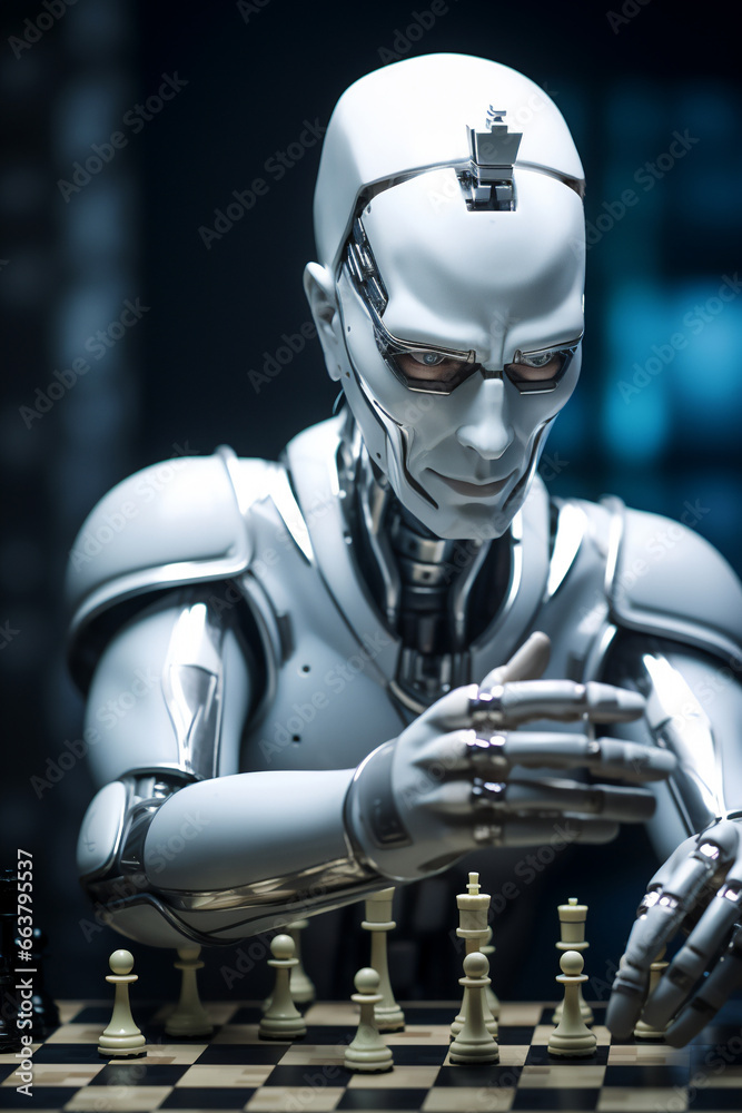 Android, robot, chess, master, artificial intelligence, chess player, checkmate, robotic, opponent, algorithm, strategy, electronic, automation, illustration, Generative AI, Generative, AI,  programmi