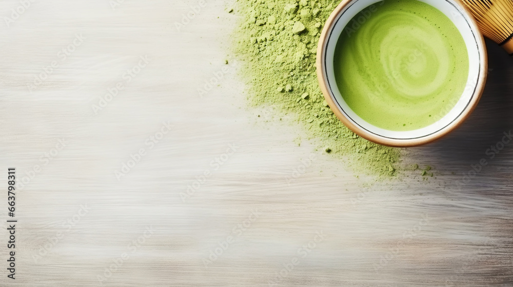 Matcha tea powder in a wooden plate on light wooden background with whisk, top view, copy space. Generative AI