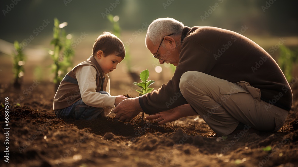 Grandfather and son planting young sprout together, teaching of green, sustainable future and the role of trees in ecological balance. Nature conservation and sustainability for next generation.