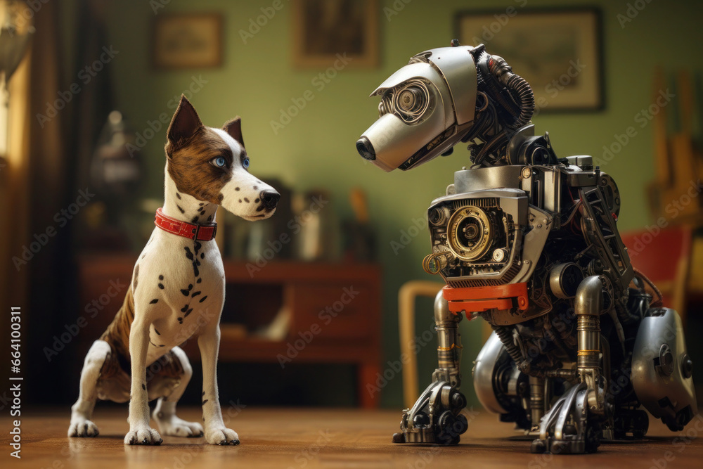  live dog stands beside a cutting-edge robot dog