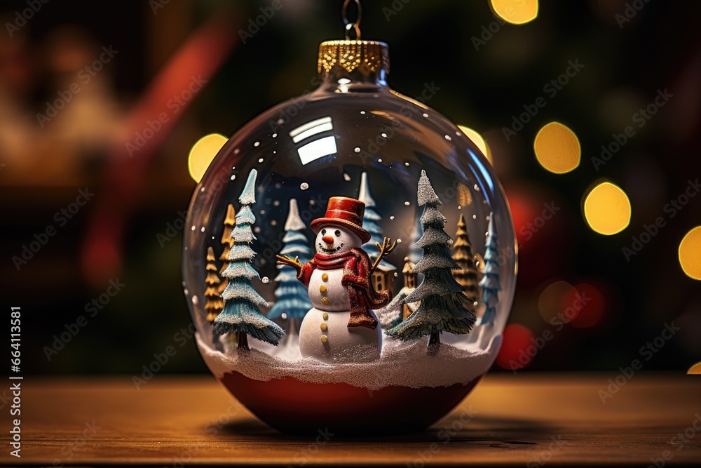Beautiful snow globe and Christmas balls on a bokeh background from a garland. Snowman figure in glass ball on snowy background with golden bokeh