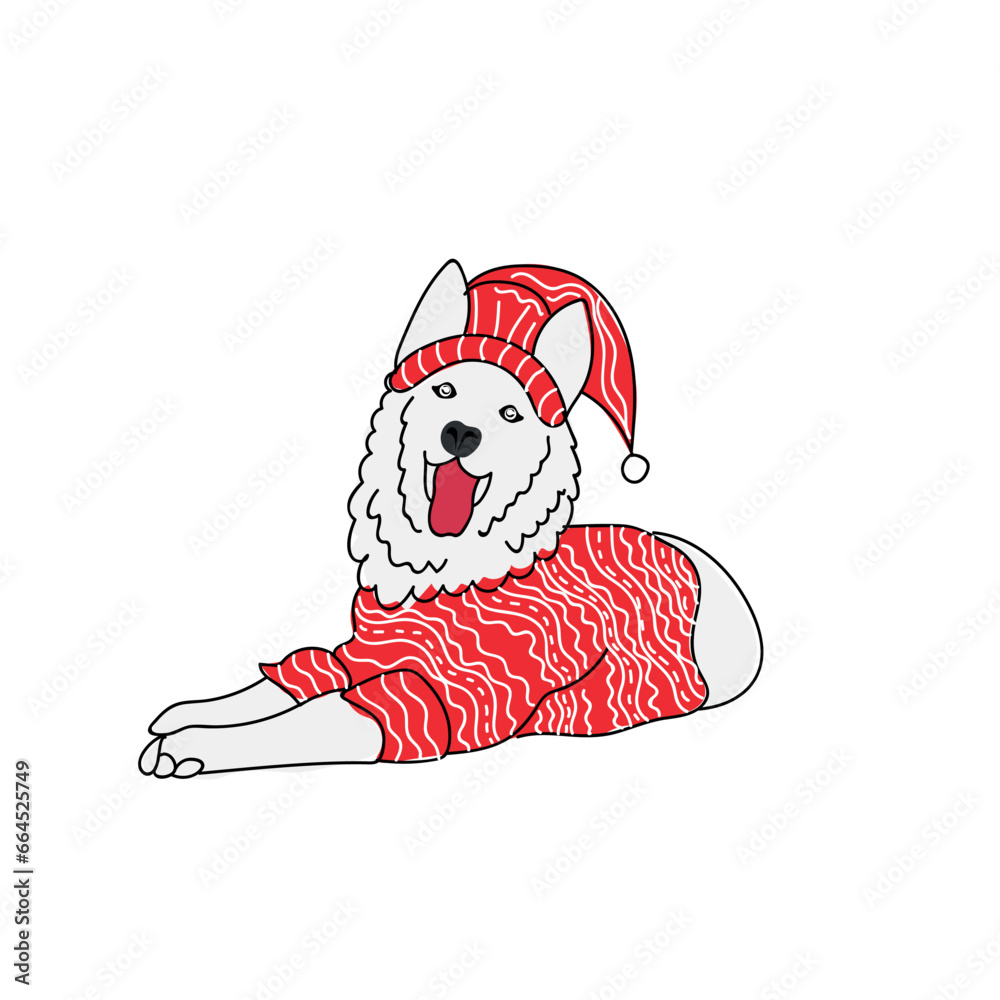 Cute dog in Christmas clothes on white background