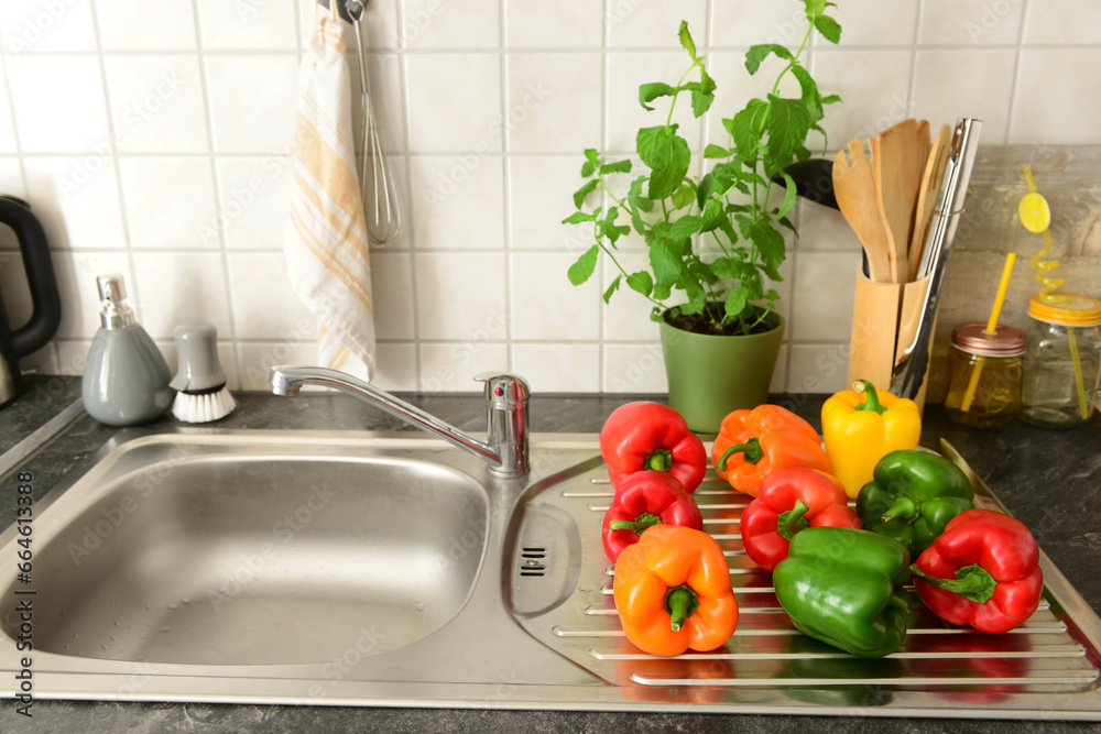 Fresh peppers on metal sink with utensils and flowerpot in kitchen