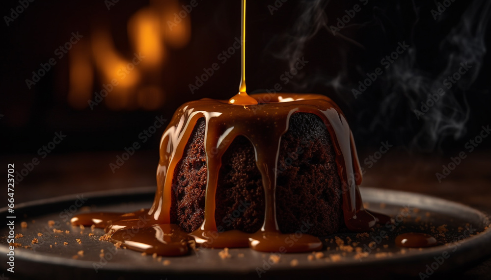 Dark chocolate cake, homemade indulgence, melting fudge, candle flame burning generated by AI