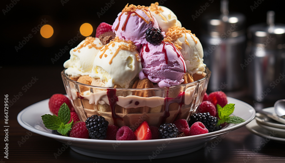 Indulgent summer dessert  Fresh berry ice cream sundae on wooden table generated by AI