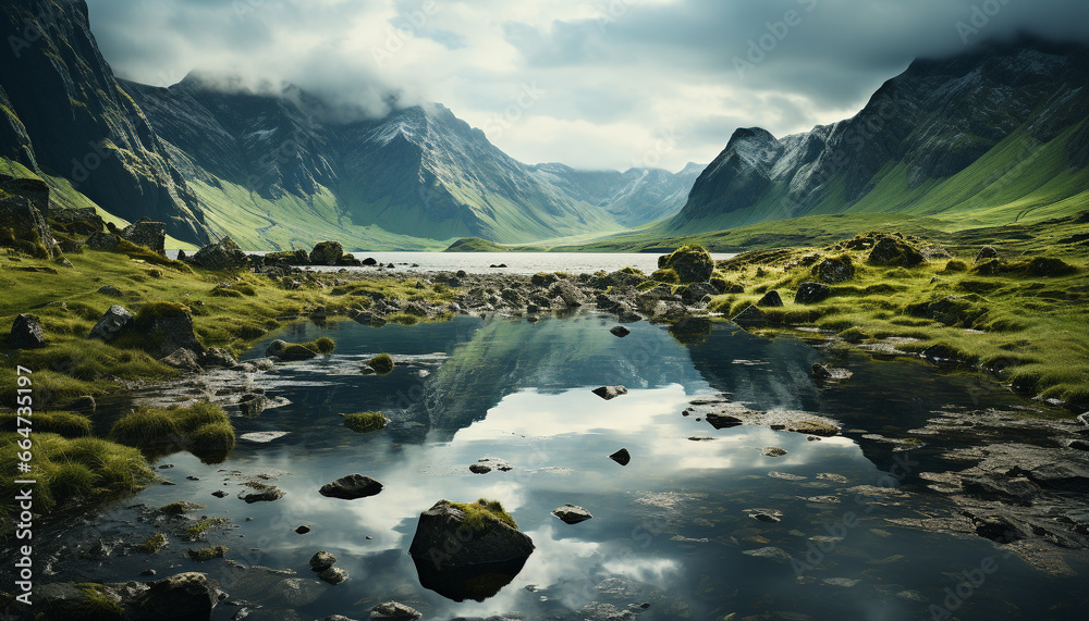 Mountain peak reflects in tranquil pond, showcasing natural beauty generated by AI