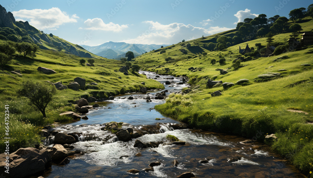 Beautiful mountain landscape with green meadows and flowing water generated by AI