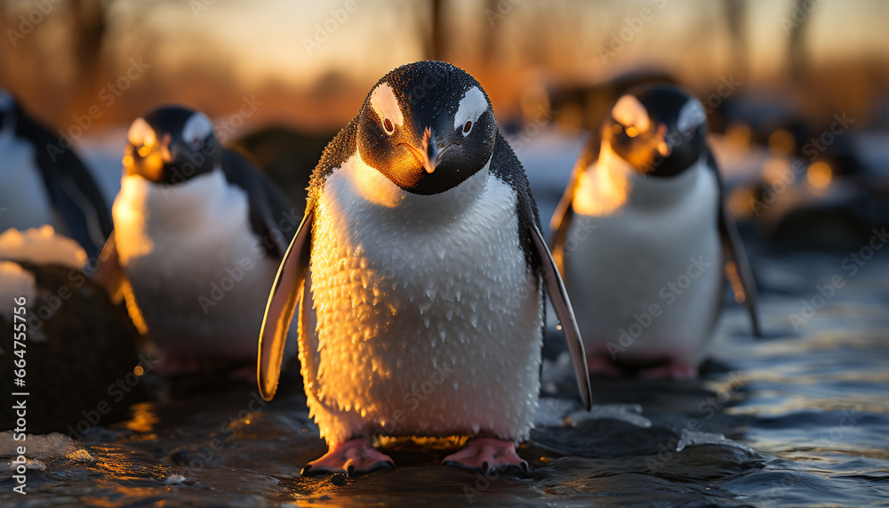 Penguin in snow, beak close up, cute animal looking at sunset generated by AI