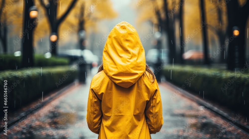 Woman in yellow raincoat with umbrella in the rain