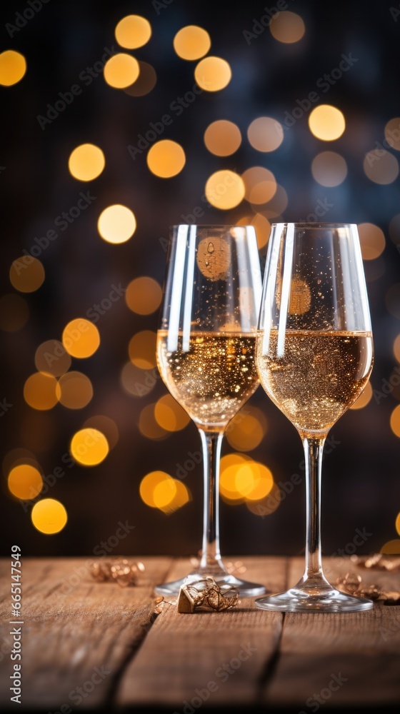 Two glasses of champagne against a festive red and gold