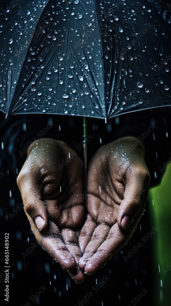  Close-up of hands holding umbrella in the rain