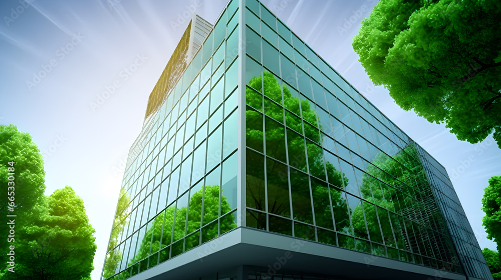 Modern office green building. Panoramic view,Eco - friendly building in the modern city.  Sustainable glass office building with tree for reducing heat and carbon dioxide,Corporate building reduce CO2