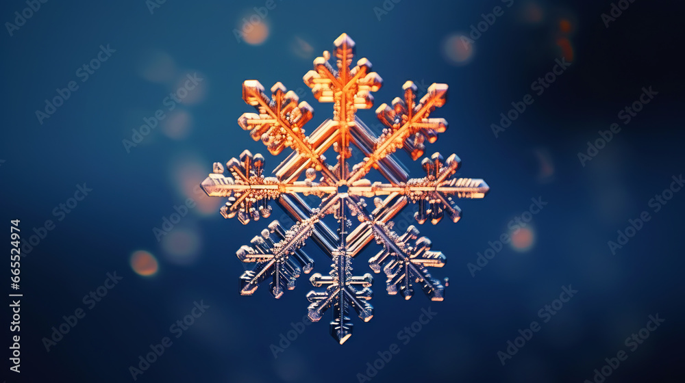 Close up of a glossy snowflake, macro photo of snow crystals on blue background. Generative AI
