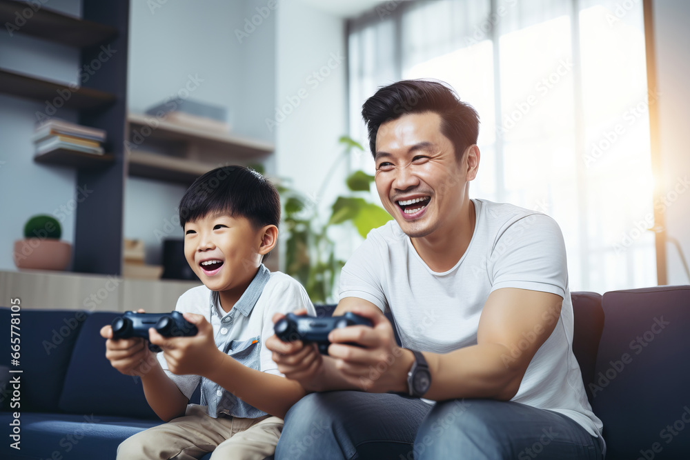 Asian Father and son playing fun online games while spending time together at home