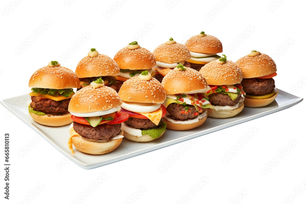 A Platter of Savory Sliders with Varied Toppings on transparent background.