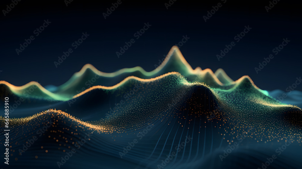 Data technology futuristic illustration. mountain of bright particles. Technological 3D landscape. Big data visualization. Network of dots connected by lines. Abstract digital background. 