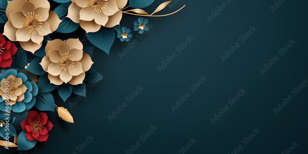 white and red oriental flowers on blue background