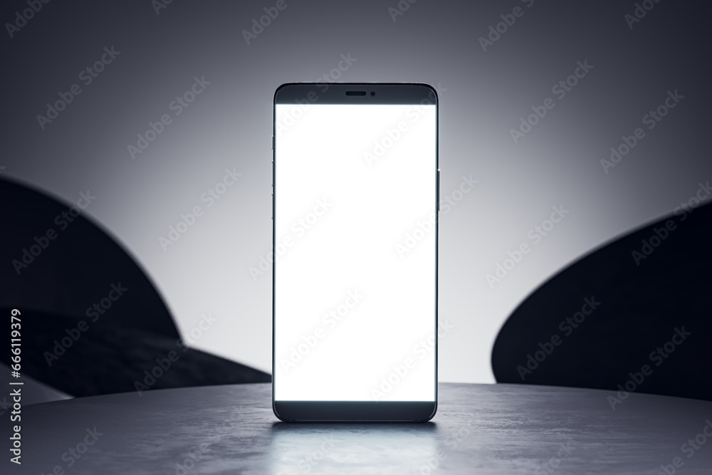 Empty white cellphone on abstract background with mock up place for your product advertisement. Presentation concept. 3D Rendering.