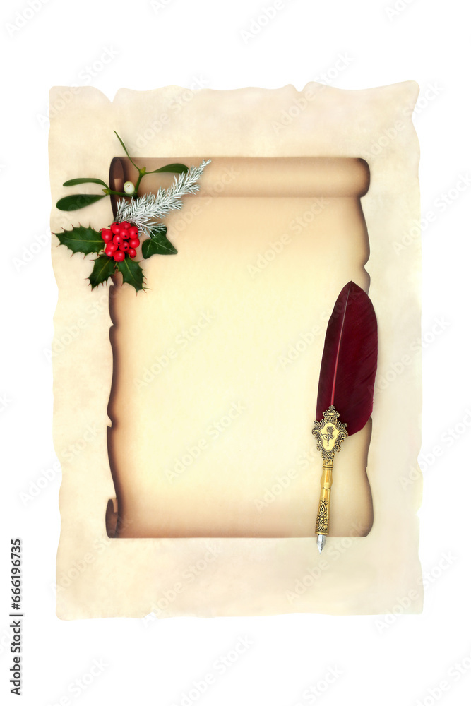 Christmas retro scroll on parchment paper and white background with feather quill pen holly mistletoe ivy and fir. Xmas Eve design for letter to santa for the holiday season.