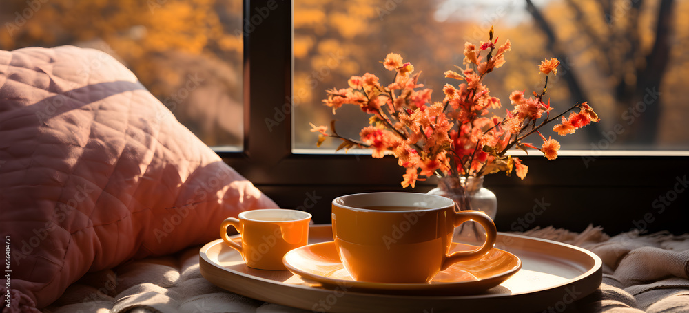 Autumn or winter cozy concept Knitted blanket and cup of tea on serving tray on coffee table in living.