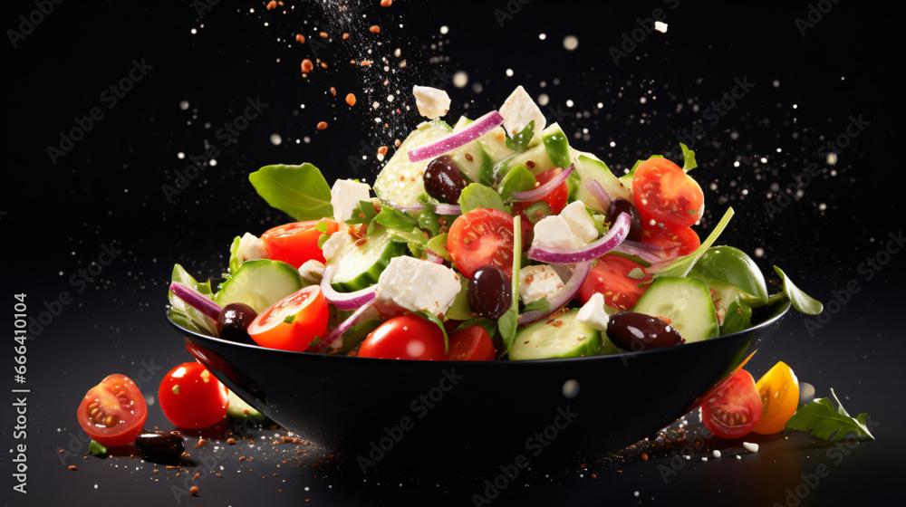 Greek salad fresh components dropping into bowl against white background