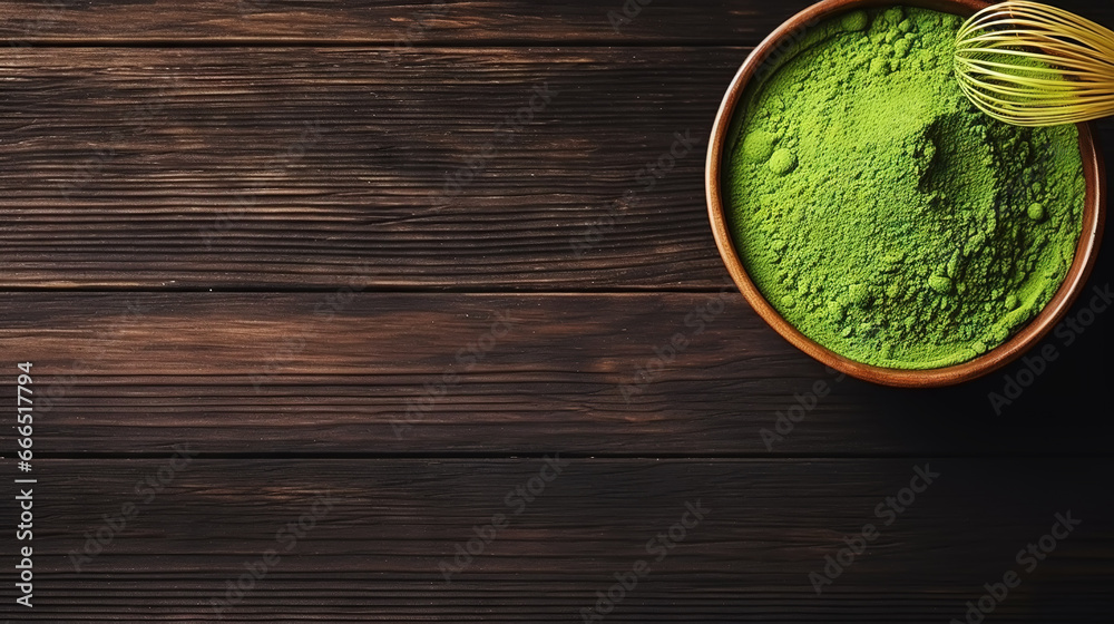 Matcha tea powder in a wooden plate on dark background with whisk, top view, copy space. Generative AI