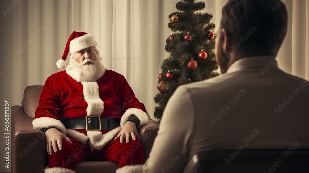 Santa Claus in a psychotherapy room with deep conversation to therapist or psychologist. Stressful Christmas season, with the rush of buying and wrapping presents and gifts, even for Santa himself.