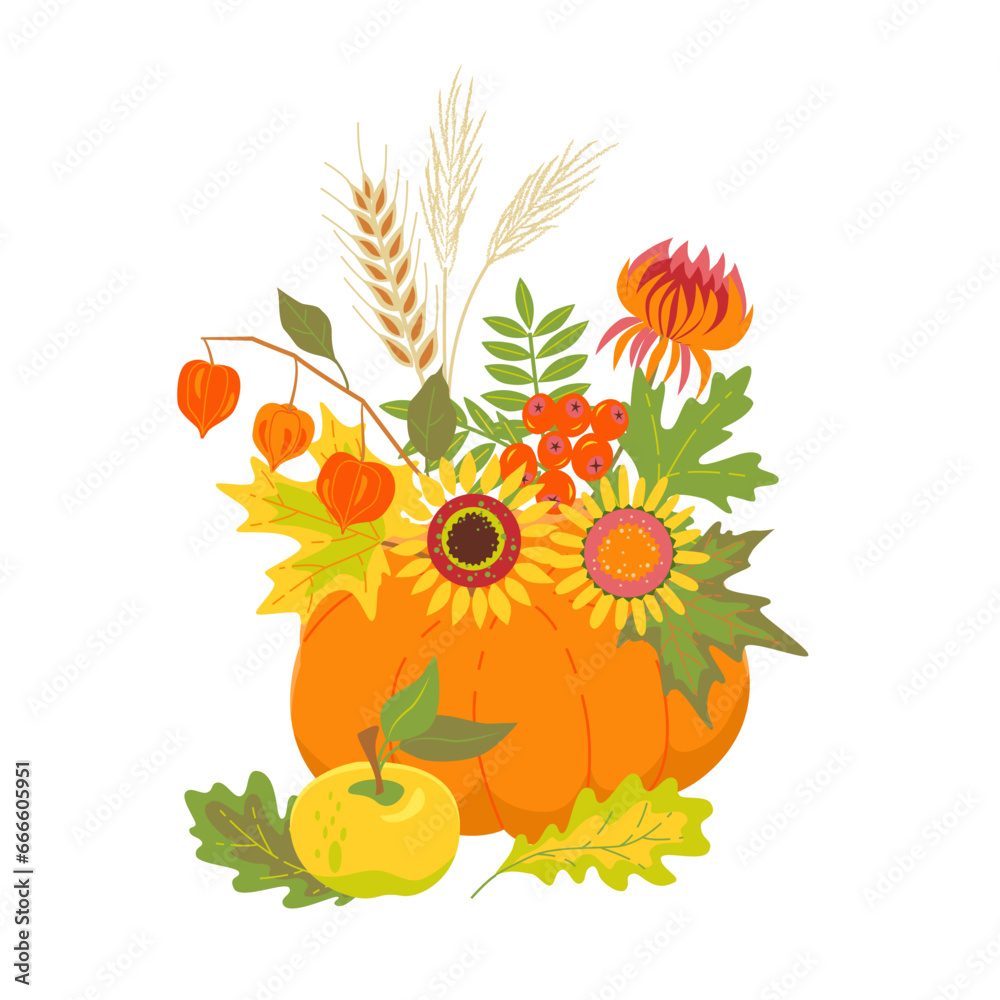Autumn floral composition with pumpkin. Vector isolated color illustration