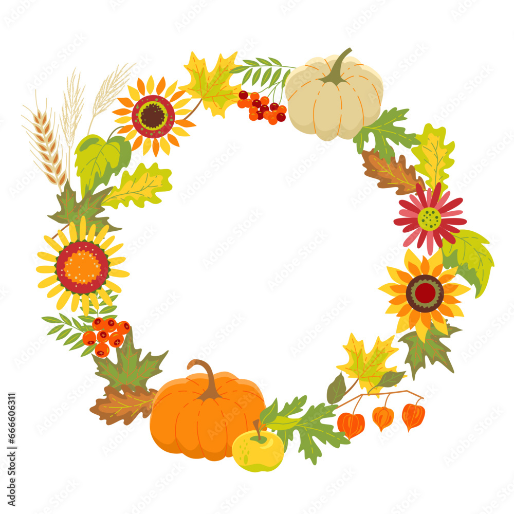 Round frame of floral autumn design with pumpkins. Vector isolated color illustration.	