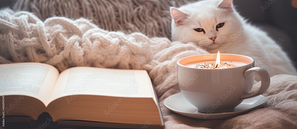 Cozy hygge scene cuddling with a book warm cocoa and cat on a lazy day