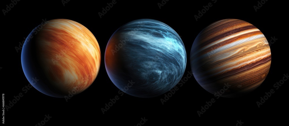 Three solitary planets depicted in a Artificial Intelligence fantasy artwork
