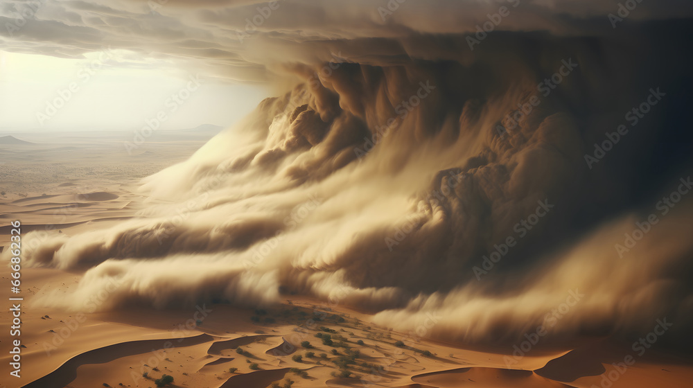 A large storm formed, light brown desert dunes and turbulent sandstorm clouds forming at the horizon,extreme weather events. 