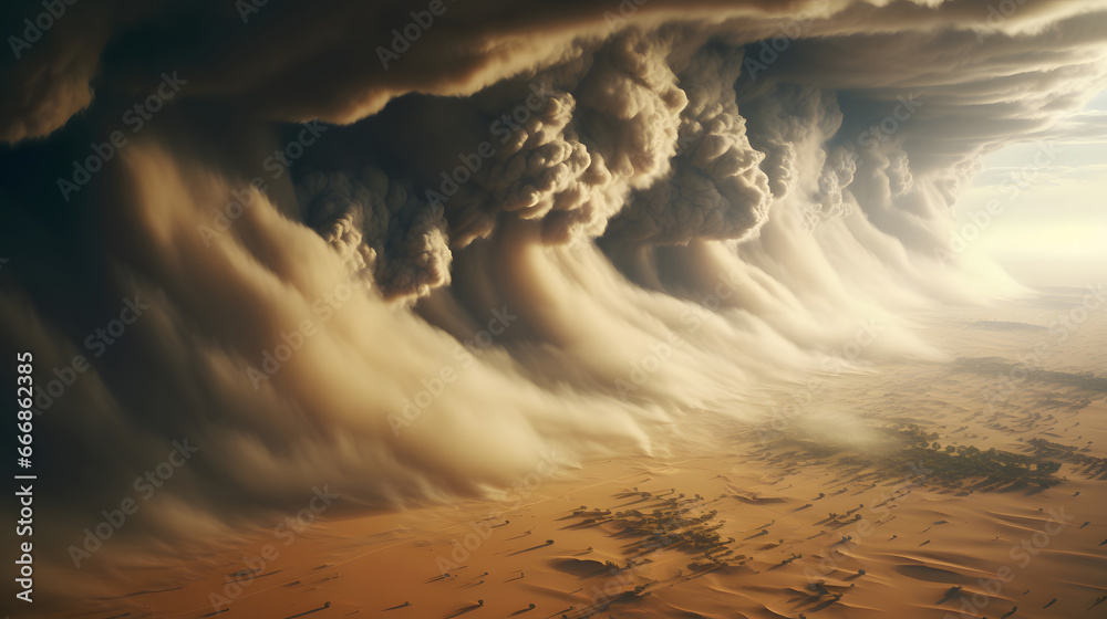 A large storm formed, light brown desert dunes and turbulent sandstorm clouds forming at the horizon,extreme weather events. dramatic panoramic 