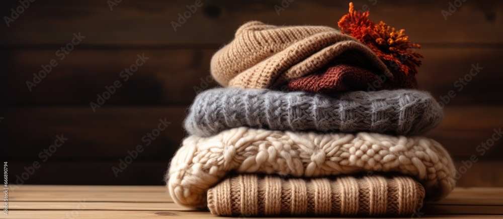 Retro inspired arrangement of knitted sweaters on a wooden table radiates warmth