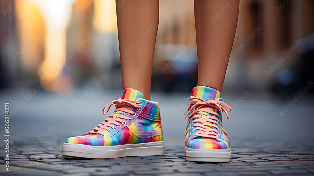 close up on shoes with rainbow color