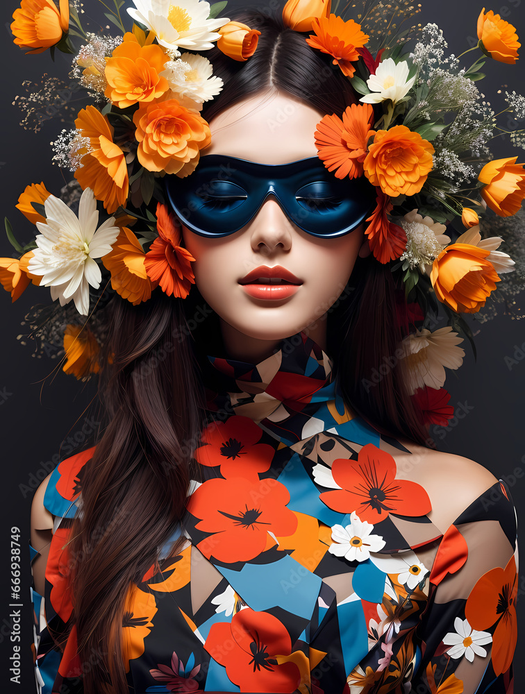 Abstract contemporary art collage portrait of young woman with flowers
