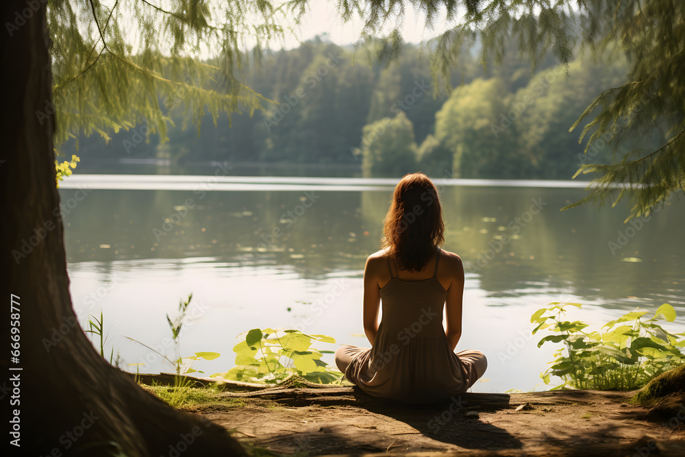 young girl practicing meditation and yoga, mindfulness and meditation in a peaceful natural environment