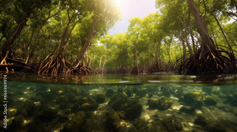 Mangrove forest, Underwater photograph of a mangrove forest with flooded trees and an underwater ecology.