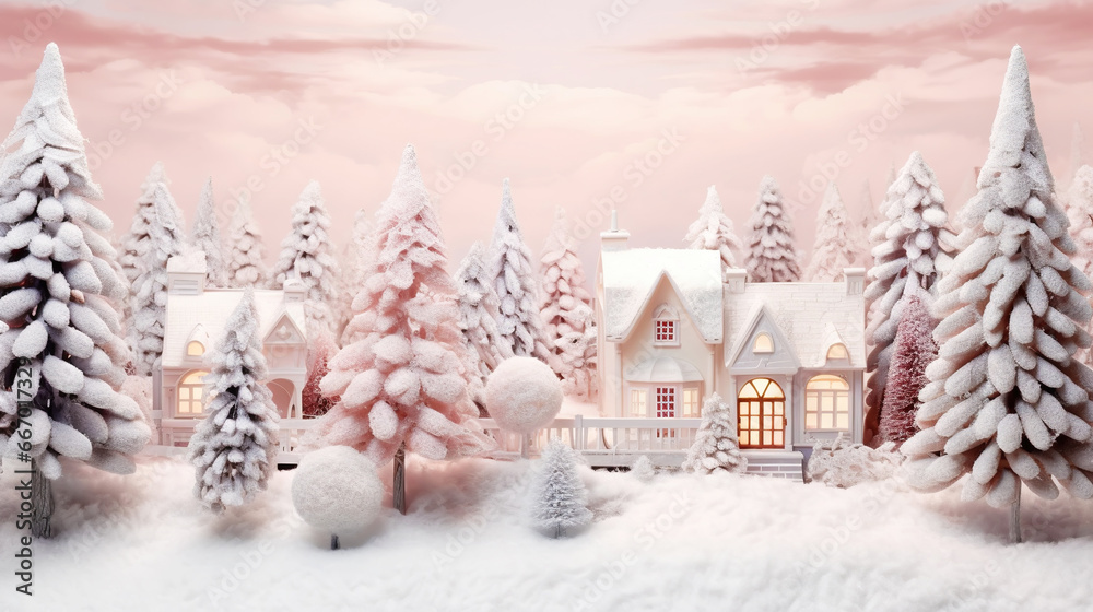 Winter cute town with snow-covered street and cozy houses. Town landscape background, greeting card. Generative AI