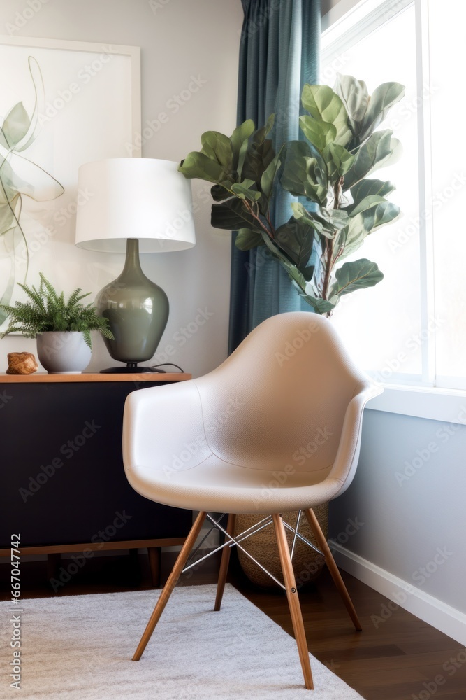 modern chair armchair near the window, table with flowers and a classic lamp, modern interior design