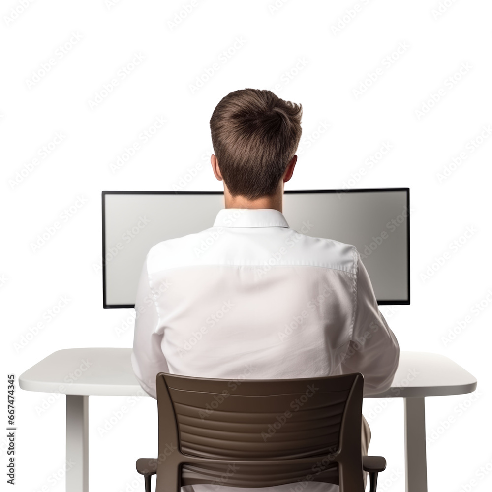 back view of man sitting and using computer