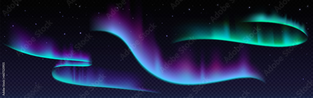 Northern lights with neon glowing effect on dark transparent background. Colorful bright luminous streaks of aurora borealis on polar night starry sky. Realistic vector set of arctic visual phenomenon