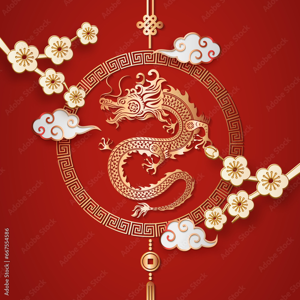 Golden paper relief dragon spiral cloud and plum blossom flower