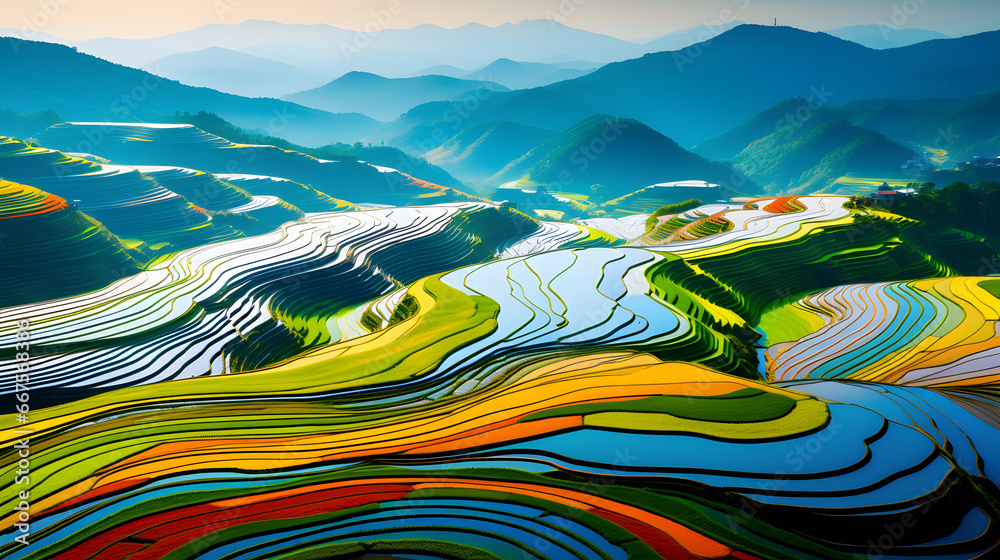 colorful Rice fields on terraced in Mu cang chai, Vietnam Rice field, Majestical contours and patchwork curves of efficient Vietnamese agriculture land. Immense plantation drone birds eye view, 