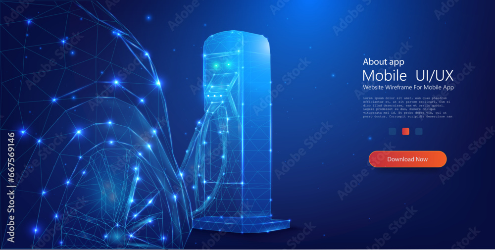 Futuristic Digital Gas Pump: Illuminated Polygonal Mesh Design on a Deep Blue Cosmic Background. Electric car at charging station. Vector illustration