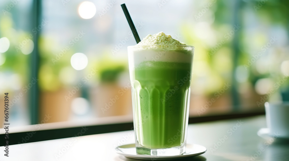 Closeup of iced matcha latte in a stylish glass on sunny background in front of the window in a cafe. Generative AI