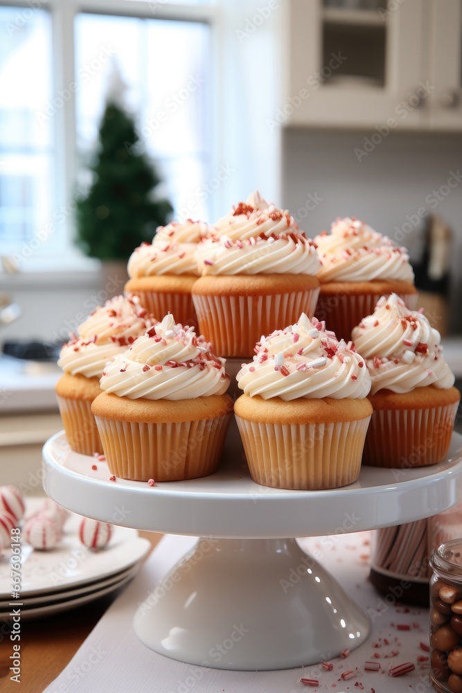 Beautiful cupcakes on white kitchen.